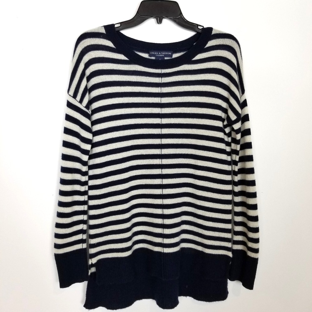 Chelsea & Theodore Women 100% Cashmere Pullover Sweater Sz S Black White Striped